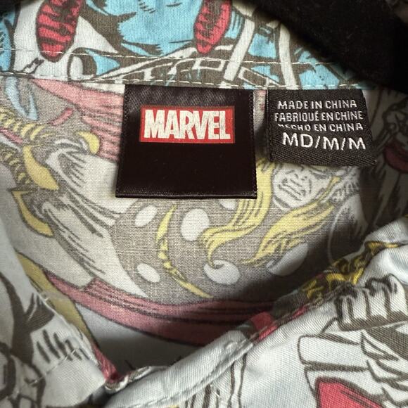 Marvel Size Medium Men's Button Down Shirt Short Sleeve Comic Book Thor Iron Man - Picture 5 of 5